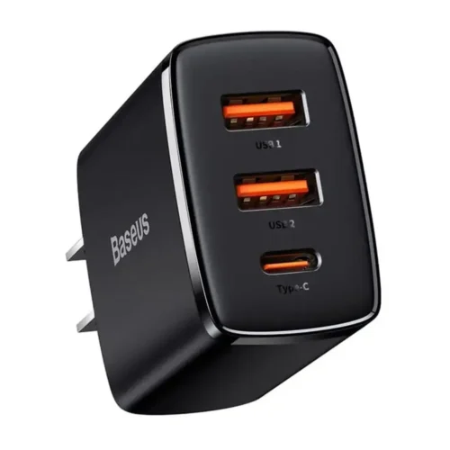 Baseus 3-in-1 Wall Charger, 2 USB Ports, 1 Type-C Port, 30W, for iOS and Android, Black